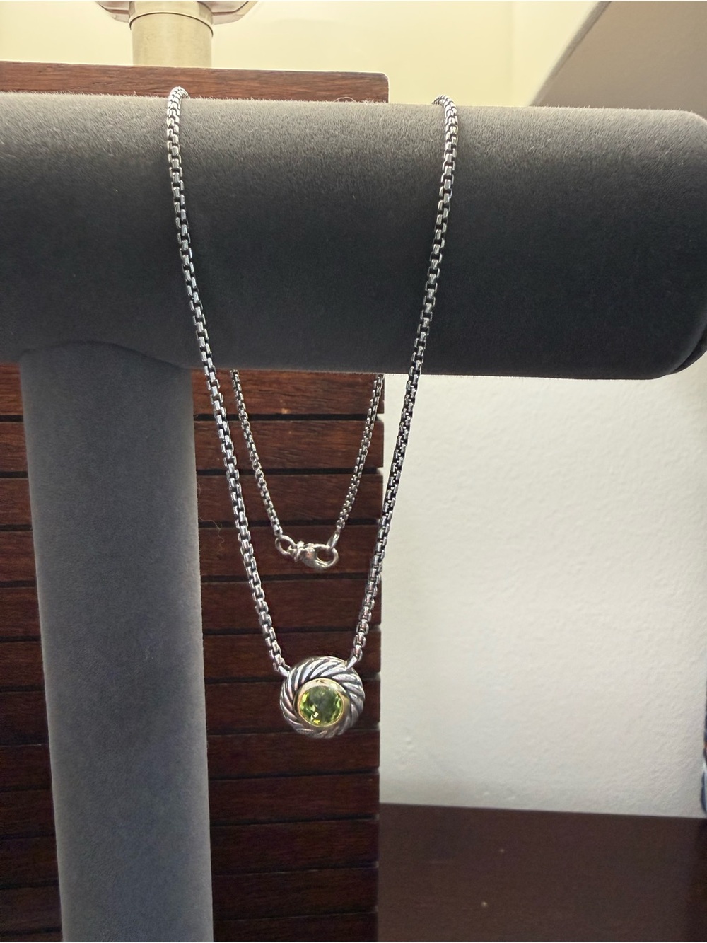 David Yurman Sterling Silver Necklace with Peridot Green Pendant